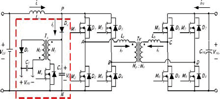Fig.7 : Buck mode 1 Mode 1 [t0 t < t1 ]:In this mode, M5 and M8 are turned ON, while M6 and M7 are in the OFF state. The high-side voltage VHV is immediately exerted on the transformer, and the whole voltage, in fact, is exerted on the equivalent inductance L*eq and causes the current to rise with the slope of VHV /L*eq. With the transformer current increasing linearly toward the load current level at t1 , the switch pair (M1 , M4 ) are conducting to transfer power, and the voltage across the transformer terminals on the current-fed side changes immediately to reflect the voltage from the voltage-fed side, i.e., (VHV (Np /Ns )). The equivalent circuit is shown in Fig.7