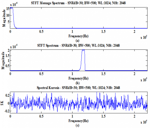 Fig. 6 (a) : Averaged SFT spectrum of AM+AWGN (b).Estimated Spectral Kurtosis for SNR=30dB
