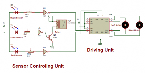 Figure 8 : Schematics of microcontroller based solar automated vehicle Figure 8 shows the schematic diagram of microcontroller based solar automated vehicle. This schematic was also drawn using Proteus Lite software. The procedure is almost same as three photosensor based solar automatic vehicle. In the previous schematic the driver circuit got signal directly from the photosensor. Here the photosensor first send signal to the microcontroller. Microcontroller then send signals to the driver IC, and thus the vehicle operates. MicroC Pro for PIC software was used to program the PIC16F877A microcontroller. For simulation to run photosensors were replaced by switches. The switches does the same function as photosensor in the simulation. When the switch is closed binary 1 is considered and when switch is open binary zero is considered. The automated vehicle function is summarized in the following table