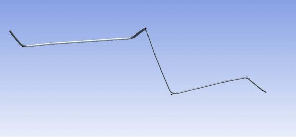 Figure 5: 3D Solid Model of the Hydraulic pipeline with 4-point clamp constraintsV. Fluent AnalysisAs we deal with high pressure hydraulic fluids, which in our case are about 20 Mpa, the interactions between fluids and the walls of pipe lines that surround them cannot be neglected. When FSI occurs, fluid flow interacts with a physical structure, which in turn changes the fluid flow. This two-way interaction loop continues through multiple cycles, possibly resulting in structural damage and less-than-optimal flow. Traditional fluid flow simulation doesn't account for this interaction, so simulation results may be incomplete and even misleading. Thus accurate analysis of structural vibrations and fluid transients in pipes should be based on FSImechanism. In our paper, ANSYS FLUENT SOLVER and ANSYS Mechanical have been combined to solve the FSI problem.
