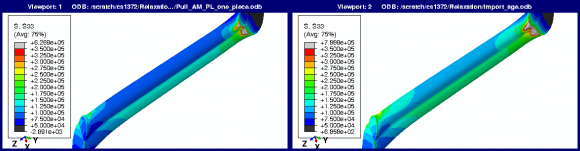 Figure 9: Comparison of tensile stress due to stress relaxation for ACL before physical aging (left) and after physical aging (right) by using finite element analysis.