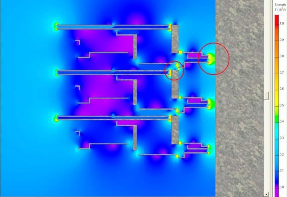 Figure 8: Electric field recorded by a sensor reticle introduced to a piece of reticle handling equipment fitted with an unbalanced ionizer and a grounded robot arm with static dissipative reticle contacts. The electric field generated by the charge on the reticle is strongly perturbed each time the robot arm approaches to move the reticle. Note that grounding the reticle through static dissipative contacts does not remove the charge.