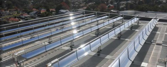 Fig. 1: Parabolic trough solar collector (PTC 1200) Smaller parabolic troughs (Fig.1), (Poly Trough 1200) standard collector module is 1.2m wide, 24m long and 1.6m high. It consists of [7]: ? 12 composite reflector panels, each 2m long by 1.2m aperture ? 5 rigid galvanized steel mounts for ground or roof mounting with flexible spacing ? A structurally efficient galvanized torque tube ? A tubular receiver with glass envelope ? An accurate solar tracking system b) Adsorption chillerThe adsorption system (Fig.2) can be compared to a conventional air conditioner or