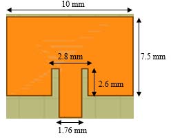 ?? ??ð??"ð??"ð??"ð??" Substituting ?? = 3 × 10 11 ????/??, ð??"ð??" ?? = 10 ?????? and ?? ????ð??"ð??"ð??"ð??" = 3.28, we get: ?? ??ð??"ð??"ð??"ð??" = 8.28 ???? Step 4: Estimating the patch length extension(???): The patch length extension is obtained from Garg, et al. (2013) as: Substituting ?? ??ð??"ð??"ð??"ð??" = 3.28, ?? = 10 ???? and ? = 31 ???? (0.79mm), weget: ??? = 0.37 ???? Step Calculation of the actual length of the patch (L): The actual (physical) length of the patch is calculated from (Kumar et al., 2013) as: ?? = ?? ??ð??"ð??"ð??"ð??" ? 2??? Substituting?? ??ð??"ð??"ð??"ð??" = 8.28 ????, and??? = 0.37 ????, we get: ?? = 7.5 ???? Step 6: Determination of the inset feed depth (?? 0 ):
