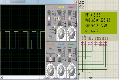 Fig. 8 : Simulation results with both resistive and inductive load e) Case 5: When both resistive and inductive load are ON When both resistive (400W) and inductive load (1.5hp) is ON, there is large phase delay in between current and voltage signals as shown in Fig. 9. Microcontroller senses the delay produced by the load, and according to the delay, it inserts the desired value of capacitor by the development of Microcontroller