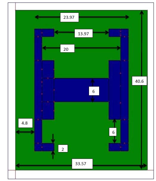 Substituting ? r = 4.2, W = 31.0 mm and h = 1.6 mm we get: ? reff = 3.86 c) Calculation of the Effective length (L eff) Equation (3) gives the effective length as: ? reff =3.86, c = 3e8 m/s and f r = 3 GHz we get: L eff = 25.44mm d) Calculation of the length extension (Î?"L) Equation (4) gives the length extension as:?L = 0.412h ??? ????ð??"ð??"ð??"ð??" + 0.3?( ?? h +0.264 ) ??? ????ð??"ð??"ð??"ð??" ? 0.258 ?( ?? h +0.8) (4) Substituting ?? reff = 3.86, W = 31.0 mm and h = 1.6 mm we get ?L = .7421 = 7.421mm e) Calculation of actual length of patch (L) The actual length is obtained by re-writing equation (5) as: L = L eff ? 2Î?"L (5) Substituting L eff = 25.44 mm and Î?"L = 7.421 mm we get: L = 23.97 mm f) Calculation of the ground plane dimensions (L g and W g )