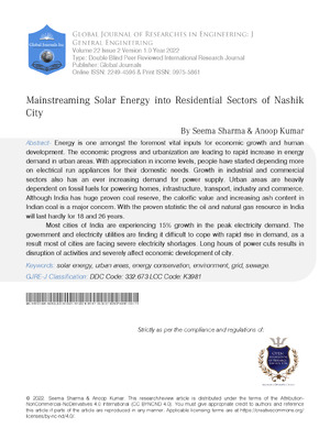 Mainstreaming Solar Energy into Residential Sectors of Nashik City