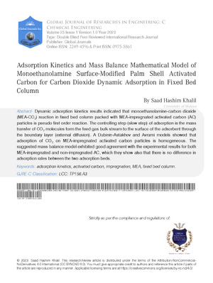 Adsorption Kinetics and Mass Balance Mathematical Model of Monoethanolamine Surface-Modified Palm Shell Activated Carbon for Carbon Dioxide Dynamic Adsorption in Fixed Bed Column